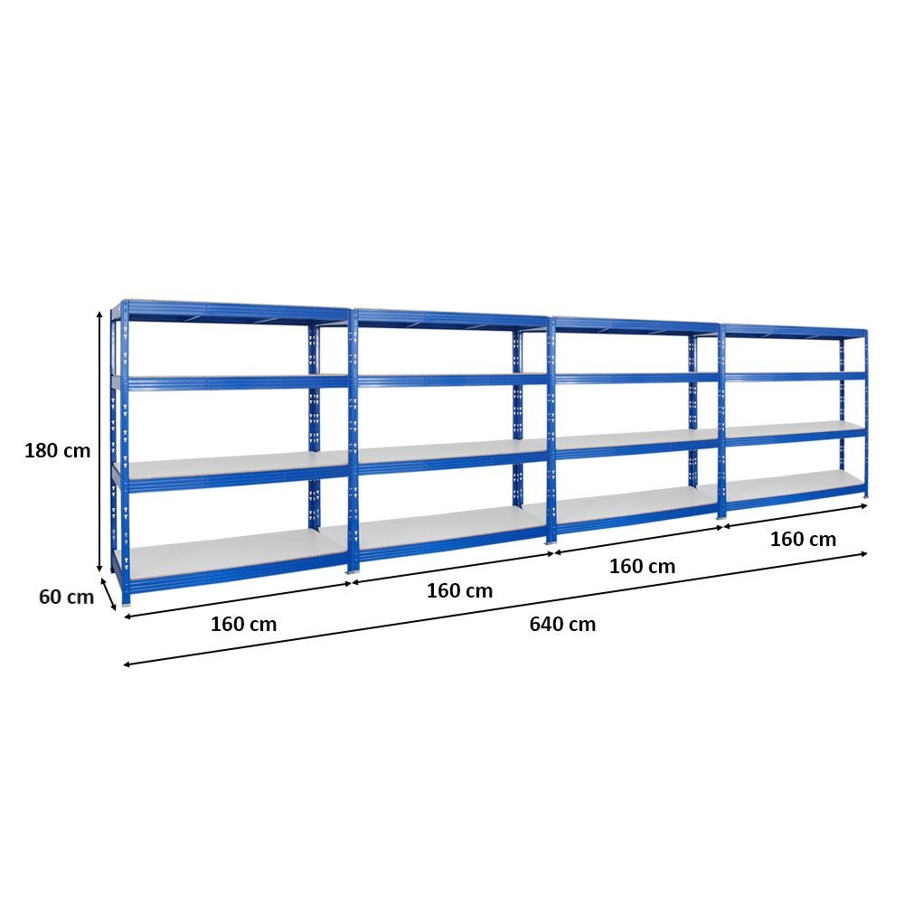 PROREGAL Mega Deal 4x Professionele Heavy-Duty Stellingkast Rhino HxBxD 180 x 160 x 60 cm 4 Melamine Planken 16mm Plank Draagvermogen 500 kg Blauw