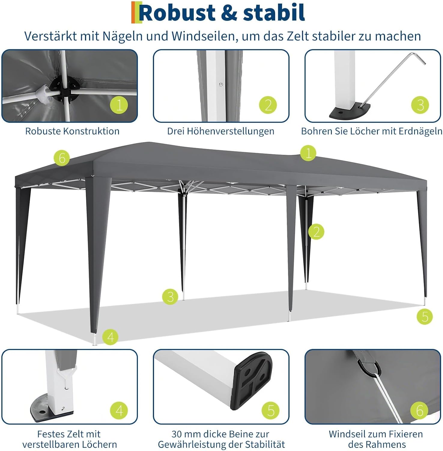 Heavy Duty Pavillon 3x6 m Mit 6 Abnehmbaren Seitenwänden, Easy Pop Up Kommerzielle Partyzelt, Große Außenüberdachungen Mit 3 Verstellbaren Höhen, Dunkelgrau, 210D