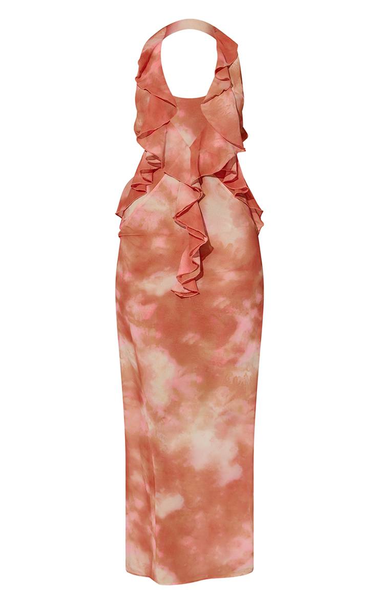 Orange Robe Maxi En Mousseline À Imprimé Abstrait Avec Décolleté Plongeant Et Détail De Volants