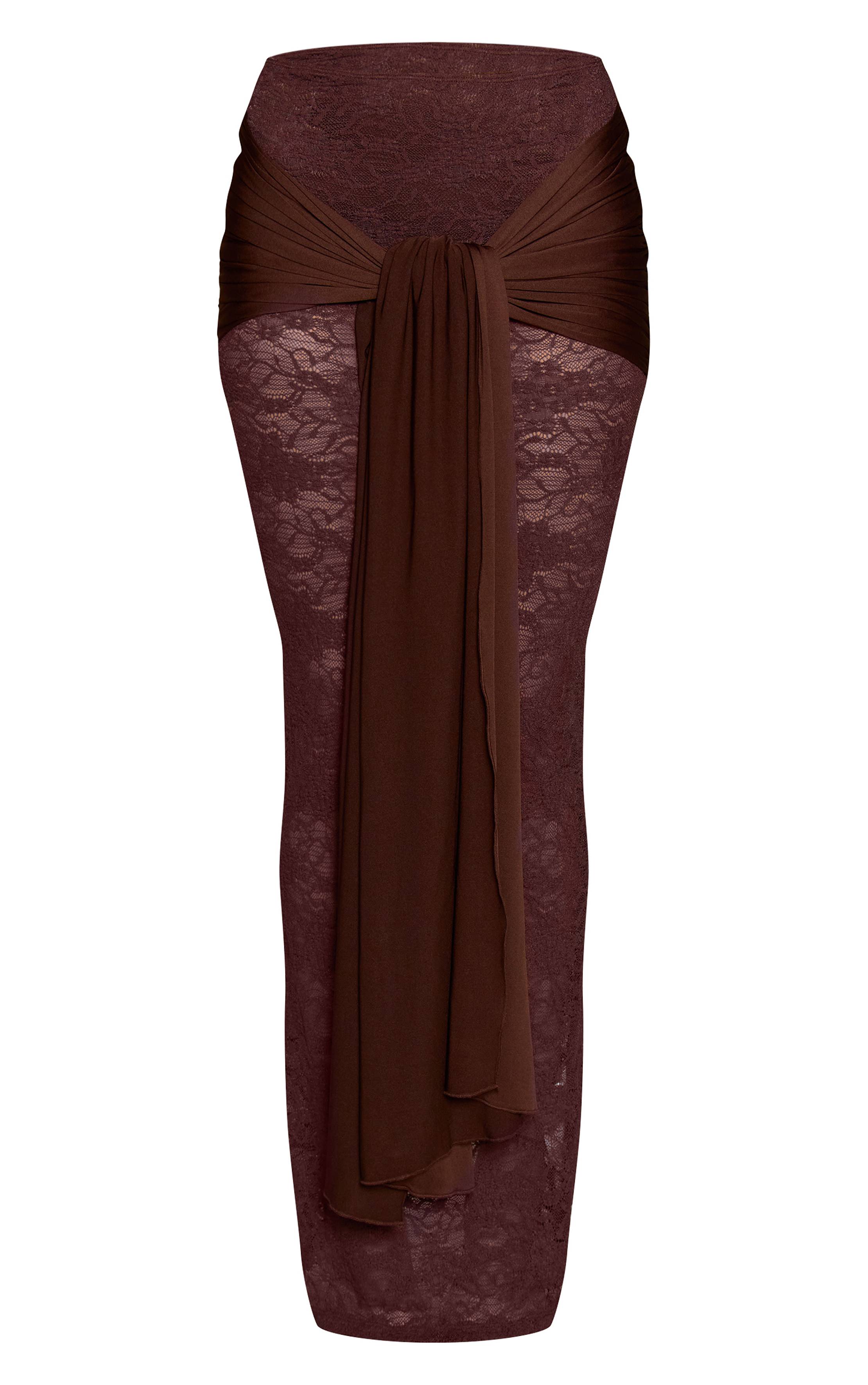 Marron Foncé Jupe Longue Drapée En Dentelle Slinky