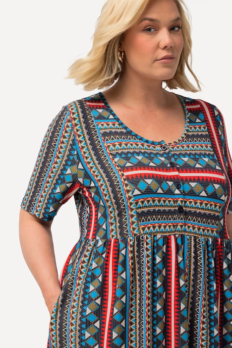 Jerseykleid, Bordüre, A-Linie, Rundhals, Halbarm