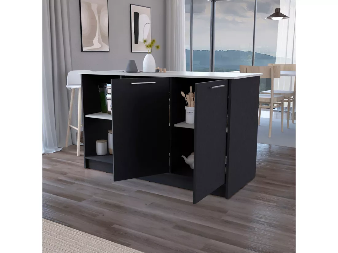 Ilot de cuisine Juniper en mélaminé avec deux portes et 3 étagères , 90 cm X 150 cm X 64 cm , Black / Ibiza