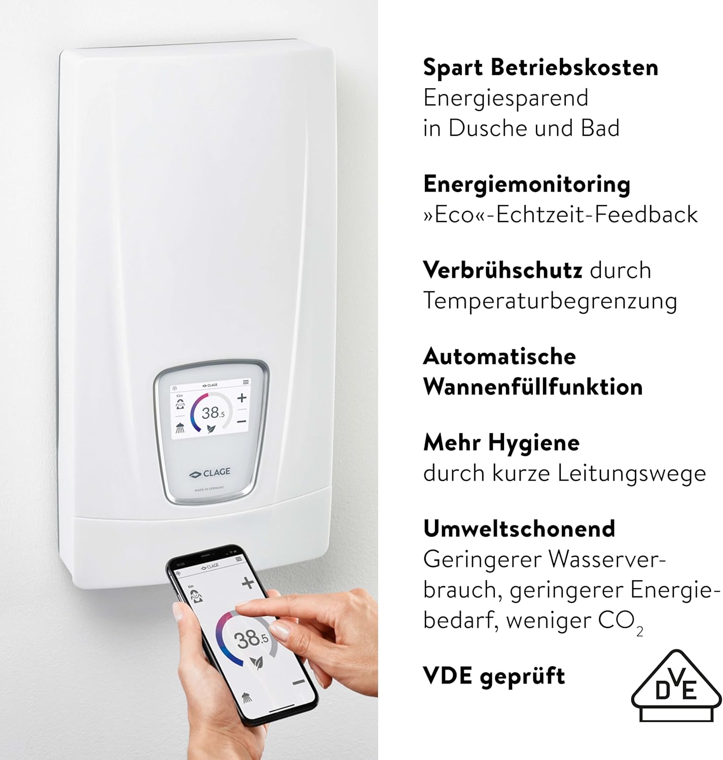 CLAGE DSX Touch vollelektronischer Hightech Durchlauferhitzer, 18-27kW, Touchdisplay, ECO-Mode, Fernbedienung+WLAN+Bluetooth, Automatikmodus, immer gradgenau 20-60°C, VDE-GS geprüft