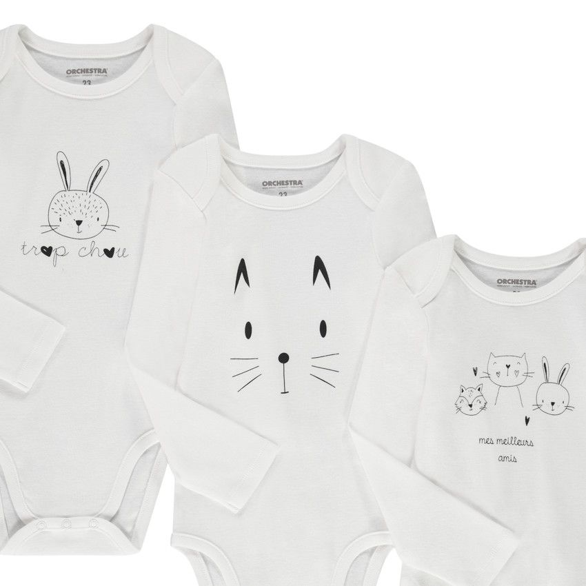 Lot de 3 bodies manches longues pour bébé avec ouvertures différentes selon l'âge - Ecru
