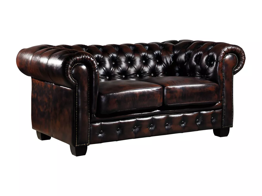 Canapé chesterfield 2 places BRENTON 100% cuir de buffle - Marron reflets châtains