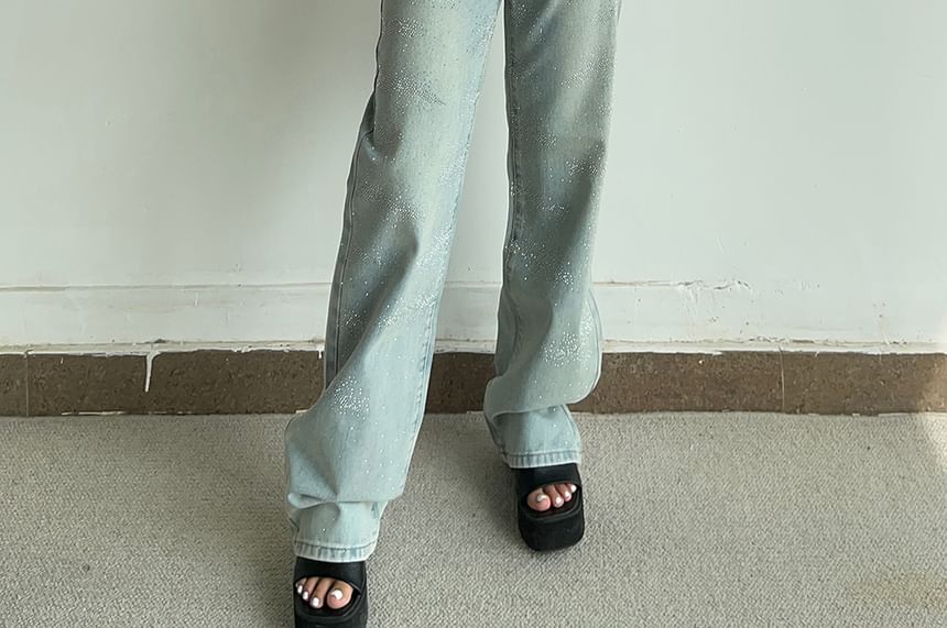 Colada - Hoge taille jeans met rechte pijpen en strass steentjes