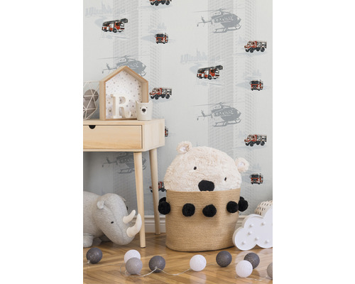 Vliesbehang 35813-1 Little Stars vrachtwagen helikopter grijs