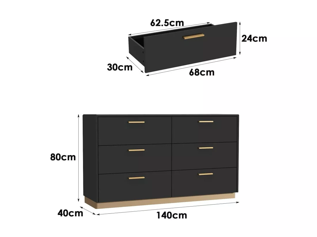 Commode Noir brillante avec 6 tiroirs Poignées en métal Commode moderne Chambre Salon Bureau 140x40x80cm Noir