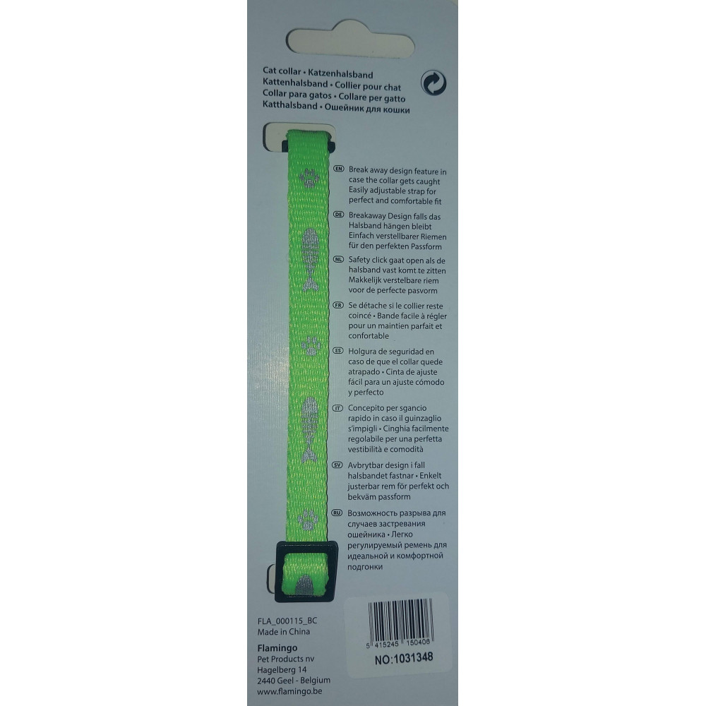 Collier réglable de 20 à 35 cm vert motif poisson + clochette pour chat