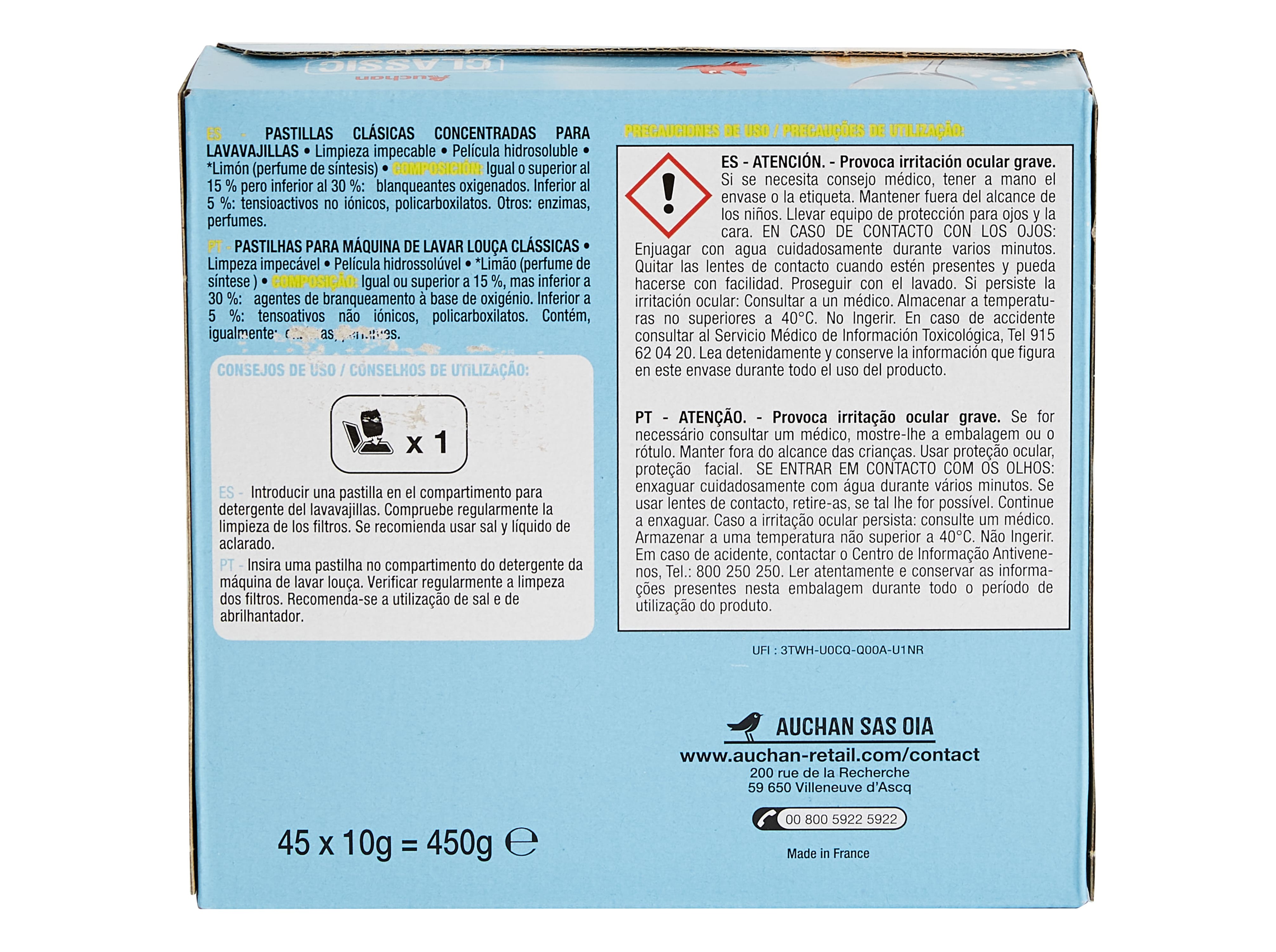 DETERGENTE AUCHAN MÁQUINA LOIÇA PASTILHA CLASSIC LIMÃO 45UN