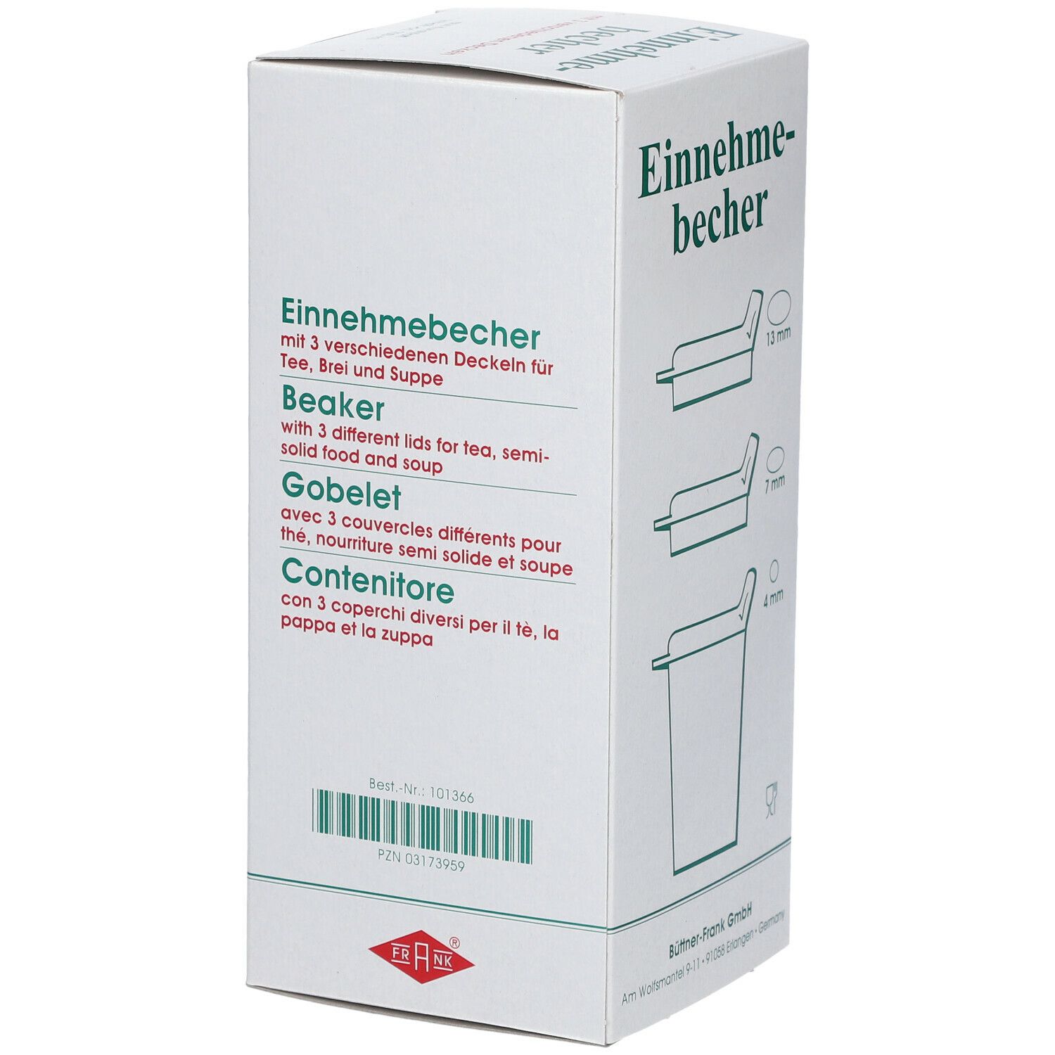 FRANK® Einnehmebecher Kunststoff mit austauschbaren Trinkdeckel 4 mm / 8 mm/ 12 mm