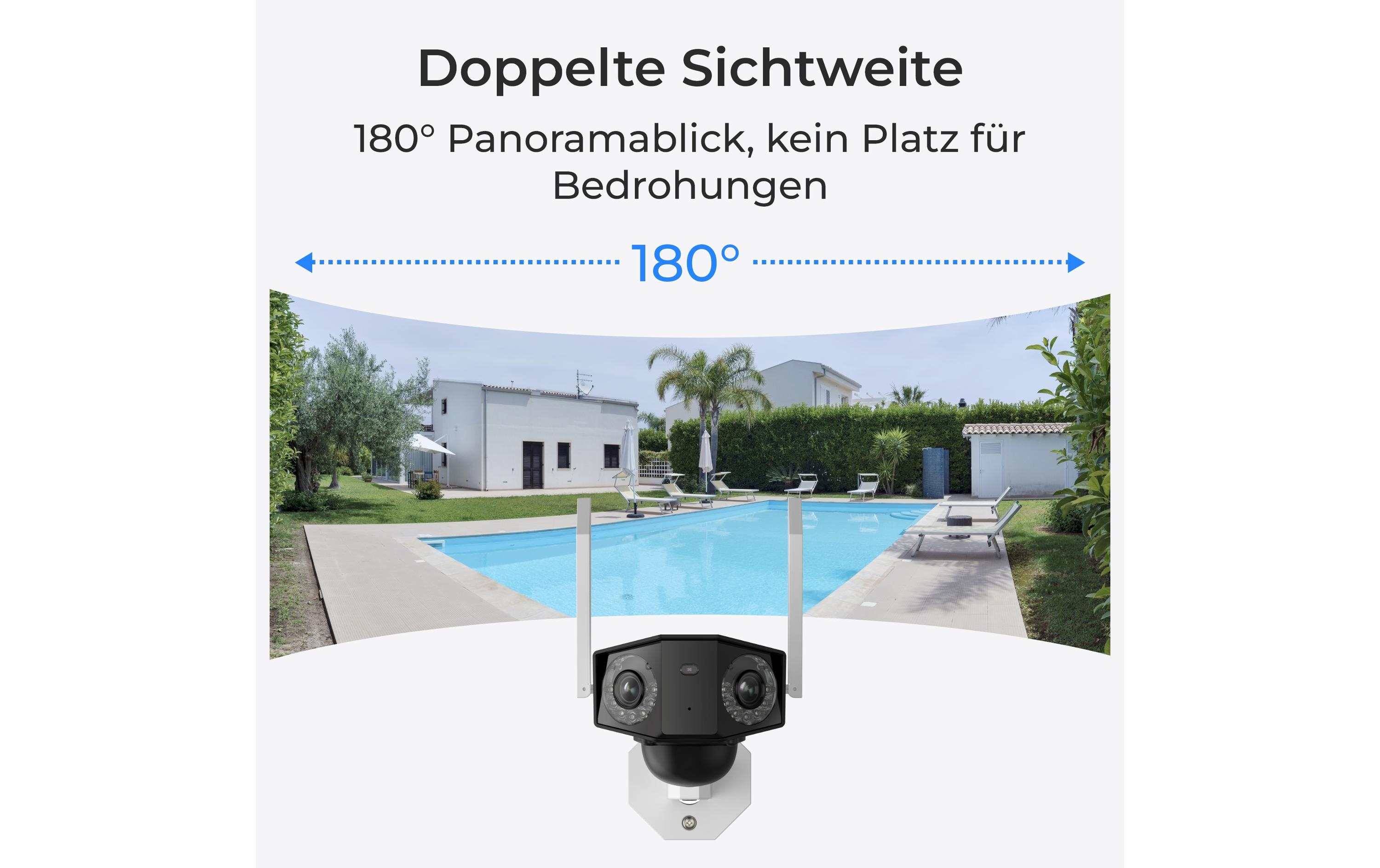 4G/LTE-Kamera Duo G750<br>Smarte wetterfeste 4G (Sunrise, Swisscom, Salt) Batterie-/Solarbetriebene Panoramakamera mit Dual-Objektiv, 180°-Panorama, 4K 8MP Super HD, Personen-/Autoerkennung, farbige Nachtsicht – Weiss