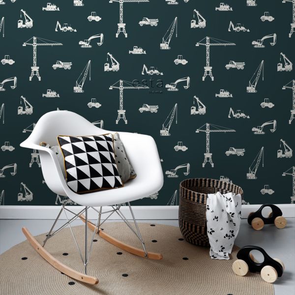 Estahome Voertuigen Behang - 0,53 x 10,05 m - Donkerblauw / Wit