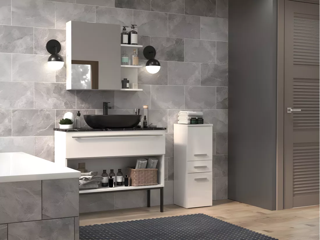NINA - Meuble salle de bain 2 portes + 1 tiroir - 30x30x85cm - Colonne basse rangement SDB