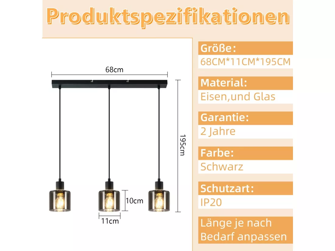 NETTLIFE Suspension Verre Noir Diam.68 cm E27 Vintage 3 Ampoules Lampe de Salle à Manger Lampe à Industrielle Rétro pour Salon Hôtel Bureau