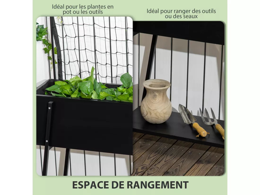 Jardinière sur pieds avec treillis filet - étagère, inserts d'irrigation - châssis métal époxy noir bois sapin noir