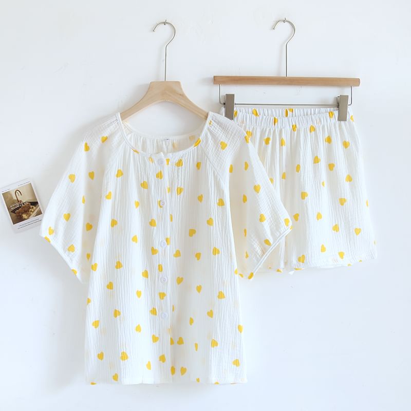 MelMount - Pyjamaset: Top met korte mouwen, ronde hals, hartjesprint en knoopjes + shorts met elastische taille