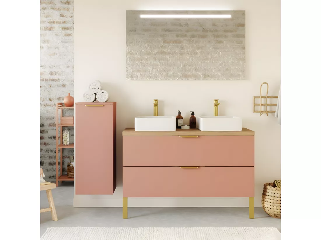 Meuble de salle de bain suspendu 2 vasques à poser 120cm 2 tiroirs Abricot - Venice