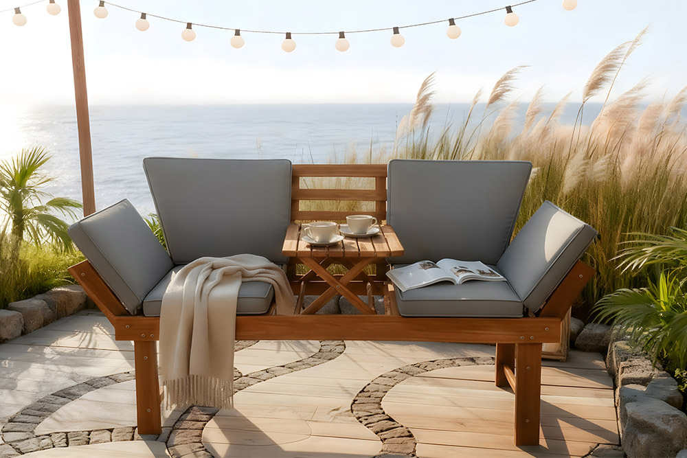 Outdoor Garten Sitzbank MODULAR 200cm natur grau Akazie mit Tisch inkl. Kissen klappbar