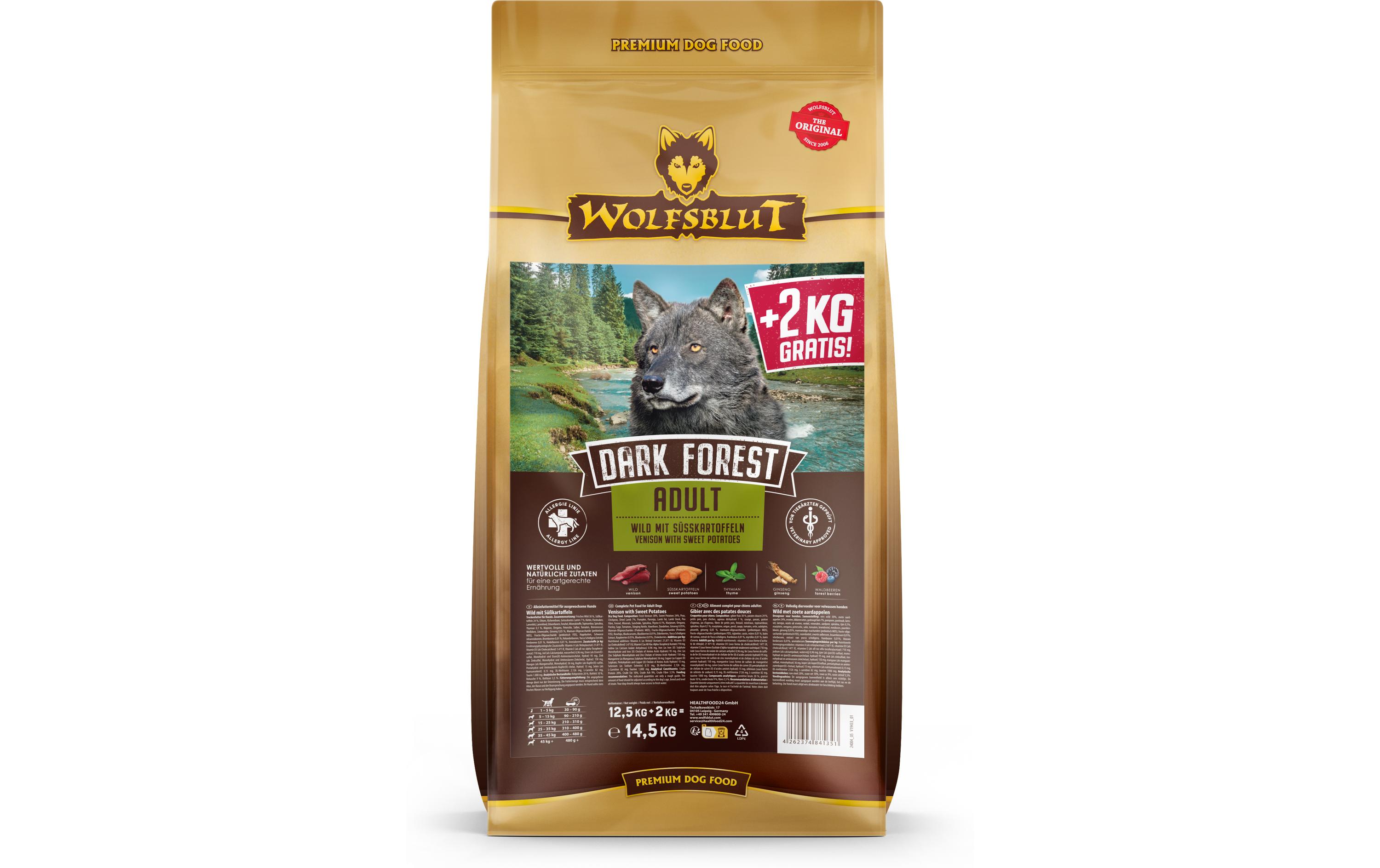 Trockenfutter Dog Dark Forest Adult, 12.5 kg + 2 kgMit Wild und Süsskartoffel