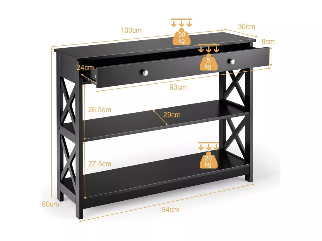 Table console à 3 niveaux, 1 tiroir et 2 étagères, cadre en x, 100x30x80cm noir