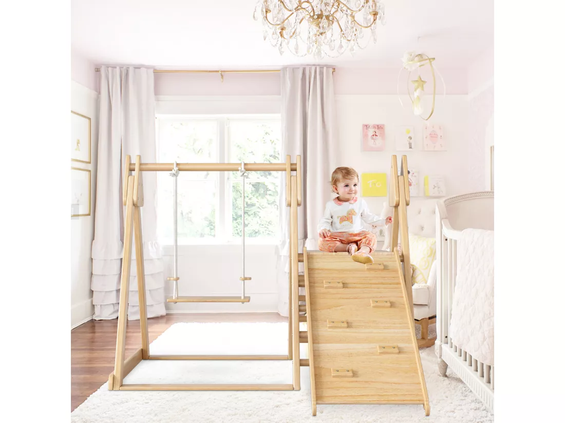Toboggan et balançoire Enfants - 123 x 48 x 18cm - en matériel bois - 3 en 1 avec escalade - Naturel
