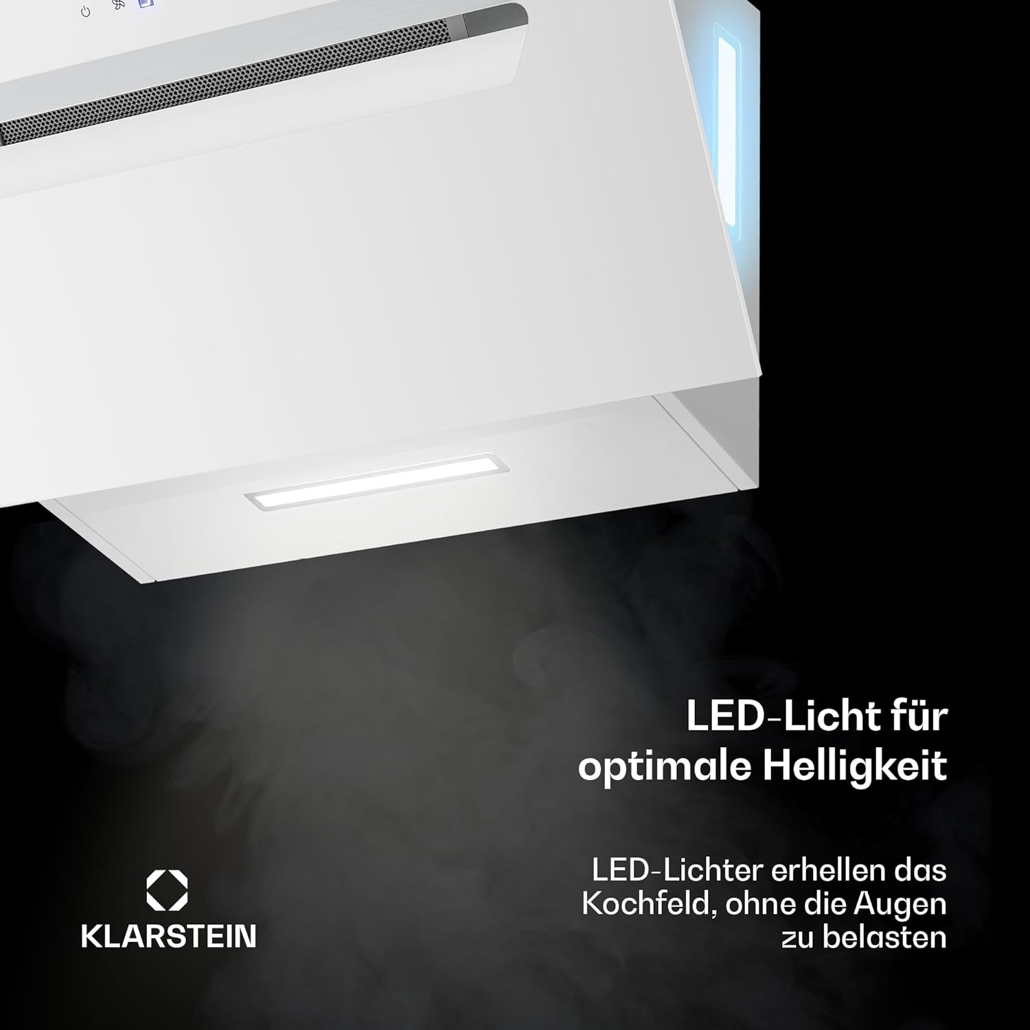 Klarstein BigBite Kopffreihaube - 60 cm Abzugshaube, 417 m³/h Boost, Touch-Bedienung, LED, A+++, Umluft & Abluft, leise, Glasdesign, 3 Stufen, inkl. Aktivkohlefilter, Weiß