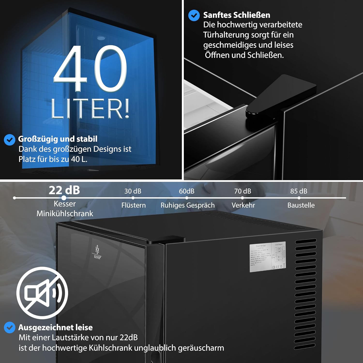 KESSER® Mini réfrigérateur avec Serrure, Mini Bar de 40 l, Silencieux, 22 DB, verrouillable, Chambre à Coucher, butée de Porte Amovible, env. 4 à 16 °C, Hauteur 57 cm, éclairage intérieur