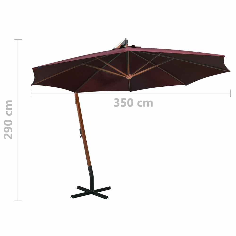 Parasol suspendu avec mât 3,5 x 2,9 m bois de sapin rouge bordeaux
