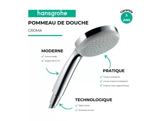 Pommeau de douche HANSGROHE Croma 100 EcoSmart chromé + flexible de douche HANSGROHE Designflex 125 cm chromé