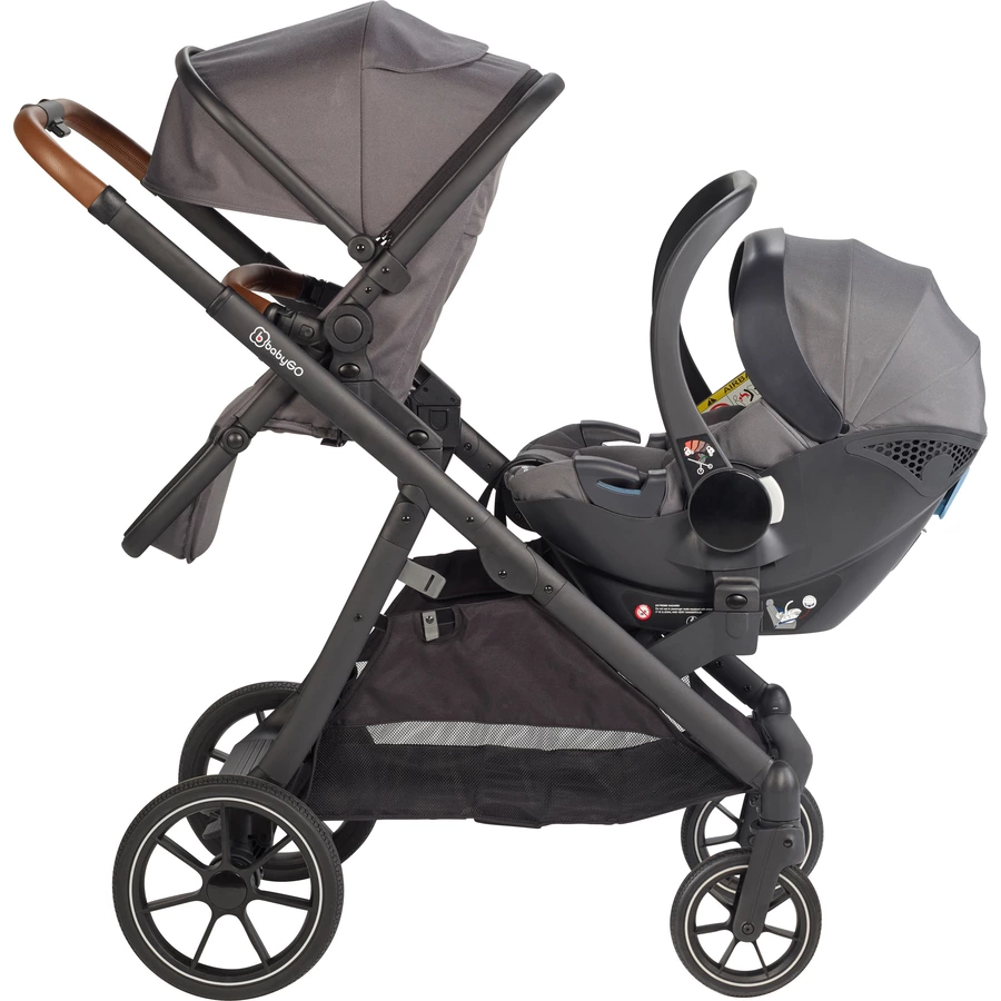 babyGO Geschwisterwagen Duo Grey  brown grip