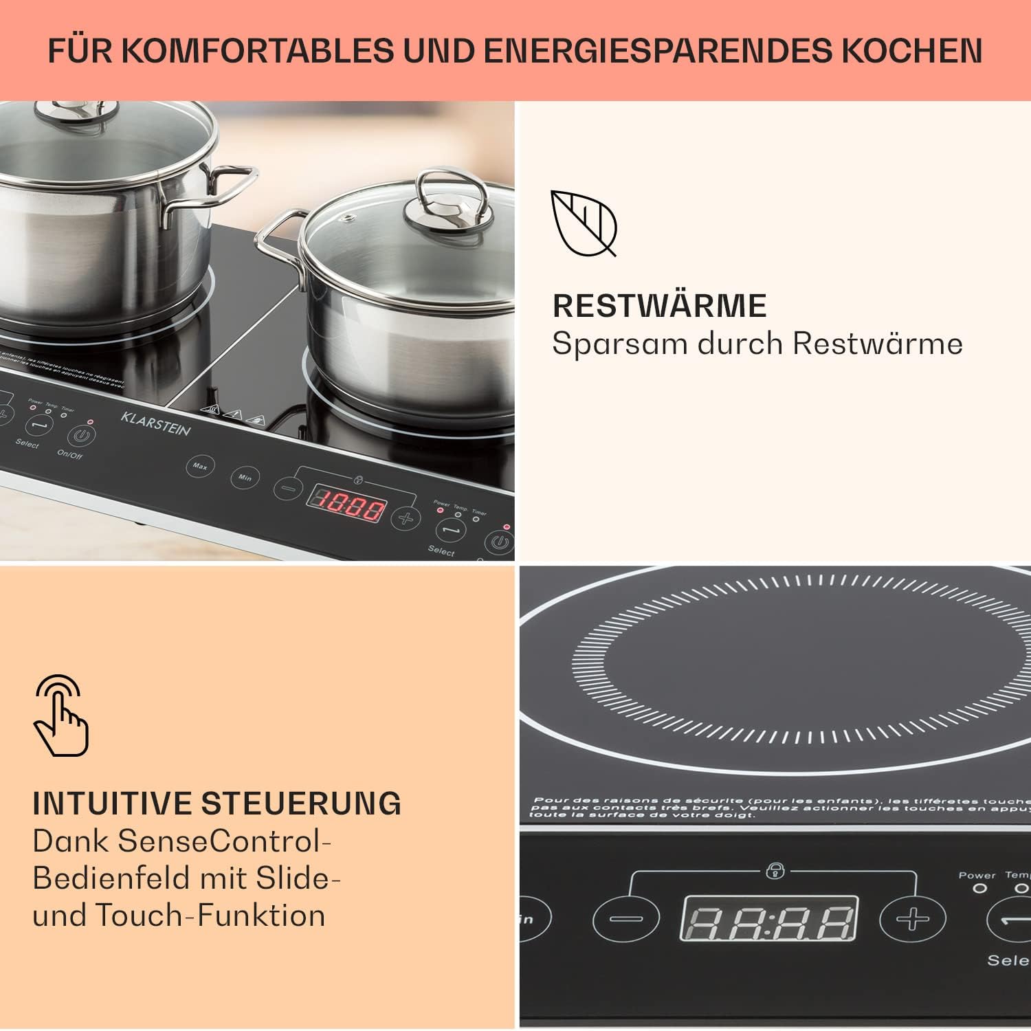 Klarstein VariCook Slim Doppel-Induktionskochfeld 3500W, 240°C, 10 einstellbare Leistungsstufen, Glasoberfläche, Timer, Touch-Steuerung über Oberfläche, Schwarz