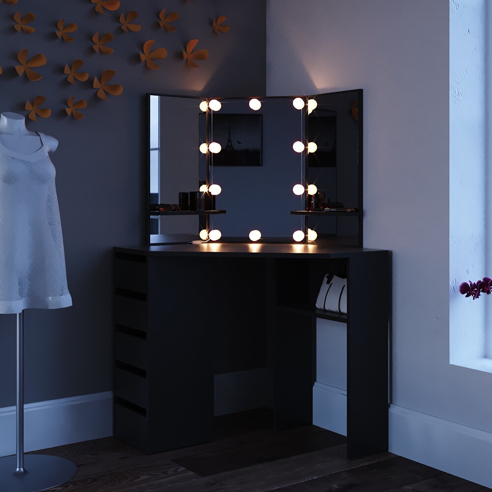 Vicco Schminktisch Arielle Frisiertisch Kommode Frisierkommode Spiegel Schwarz inklusive LED-Lichterkette