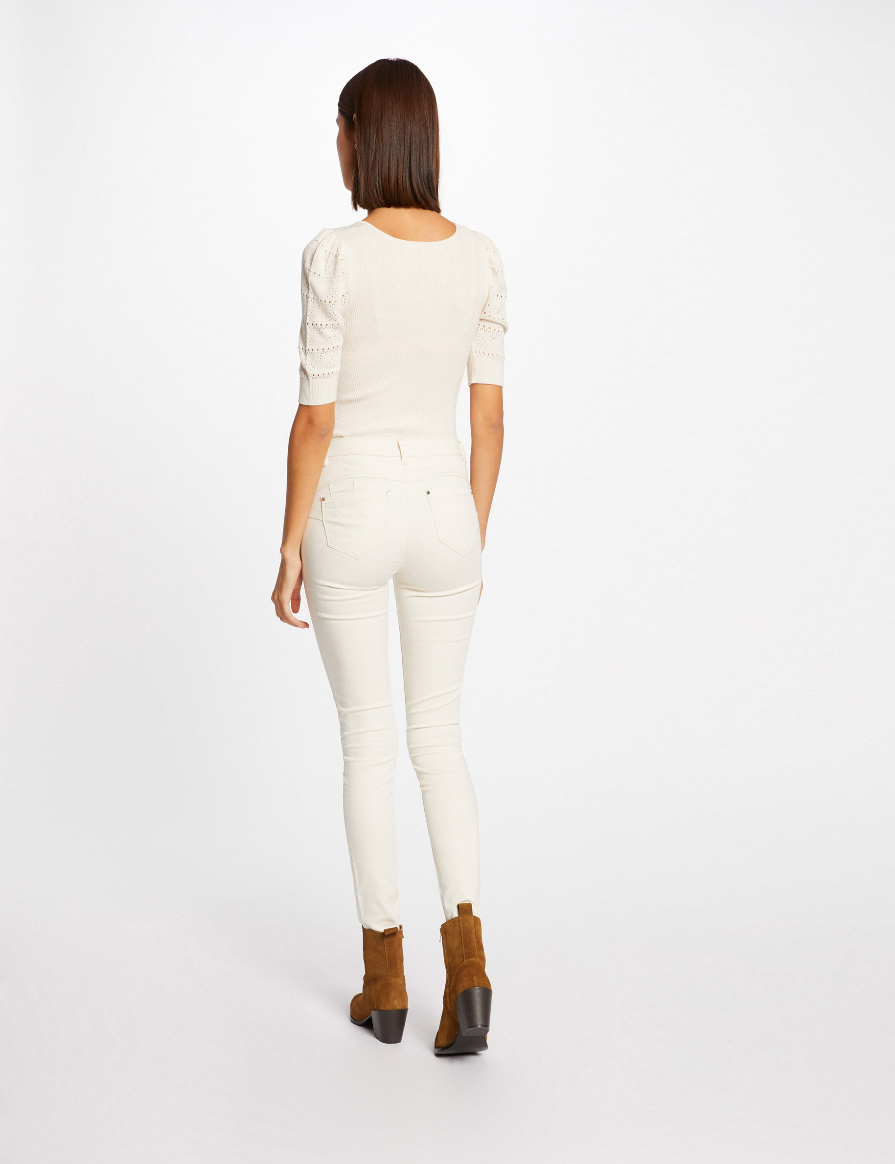 Pull manches courtes avec col en V ivoire femme - ivoire