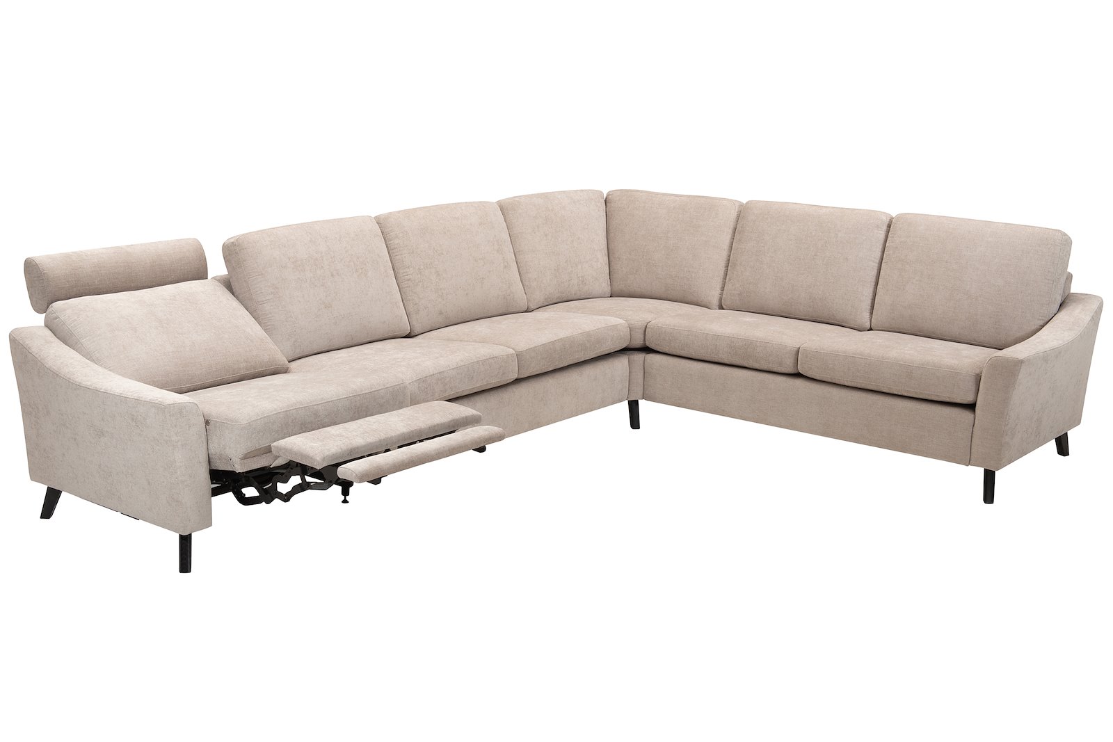 Lona hjørnesofa 3- og 2-seter hjørnesofa I tekstil City 9970 beige. Arm 1 og sorte ben 2M9K2. Med motorisert fotstøtte på ytterste venstre sete.
