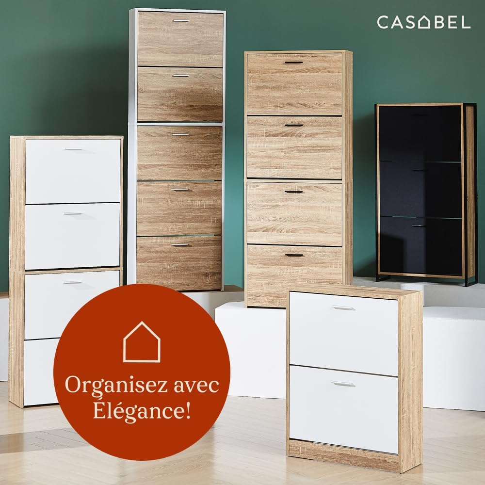 CASABEL Meuble à Chaussures Moderne 3 Abattants - Rangement Chaussures 18 Paires - Blanc et Bois Clair - Meuble en Bois - Dimensions L60xP24xH113 cm - Grande Capacité - Facile à Installer ZL6819792