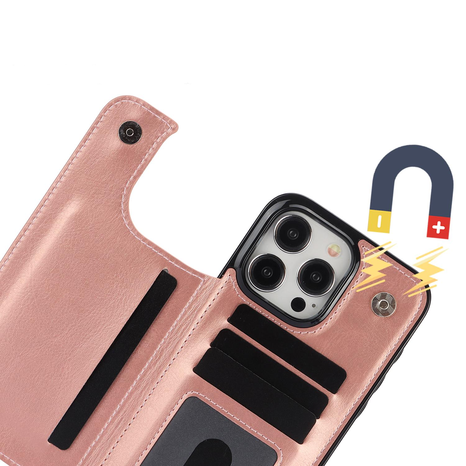 iPhone 15 Pro Max Hybrid Leder Hülle mit Kartenfach   Kickstand Aufsteller - Roségold