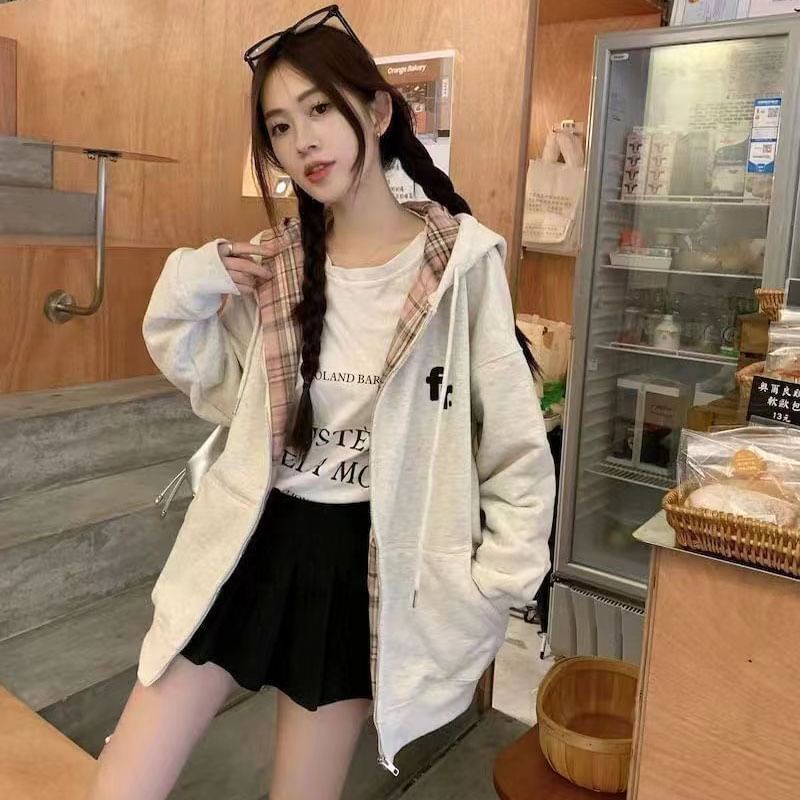 Everose - Hoodie met trekkoord en geruit paneel en ritssluiting