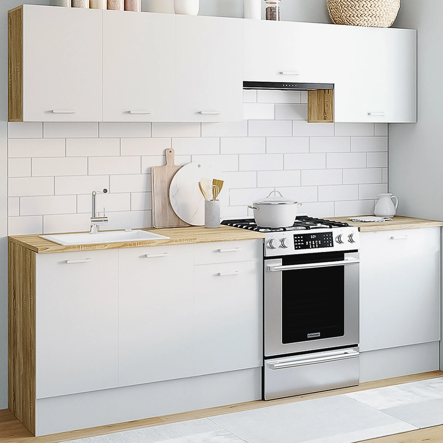 Cuisine complète 240 cm SUBTIL avec plan de travail 7 éléments bois et blanc