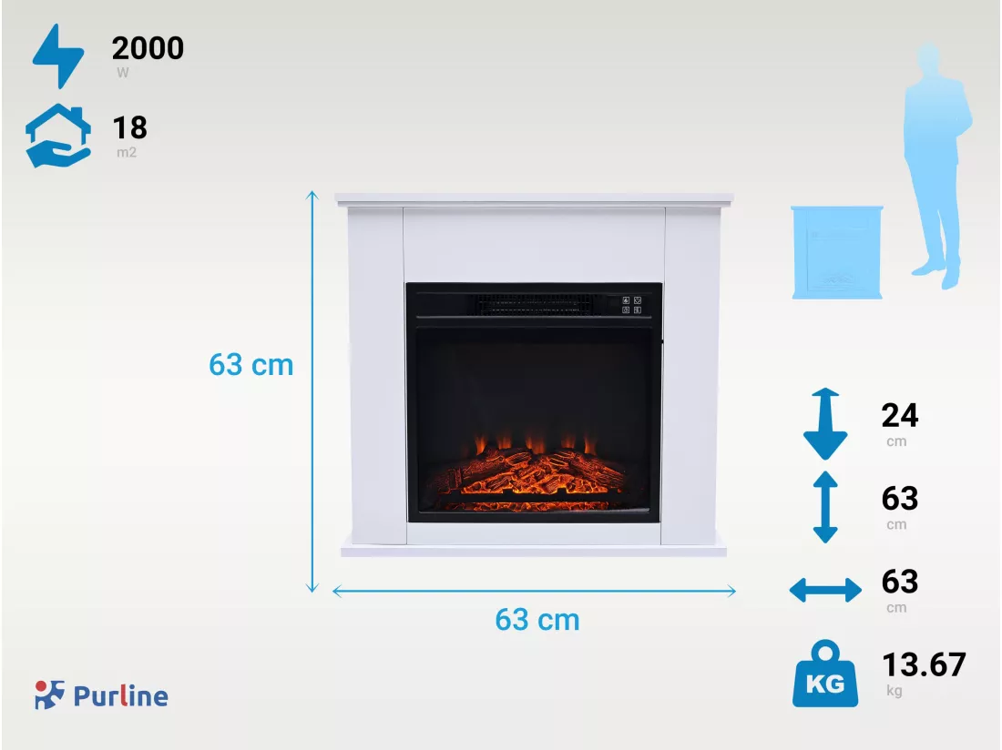 Cheminée électrique au sol de 2kW en acier laqué blanc avec télécommande