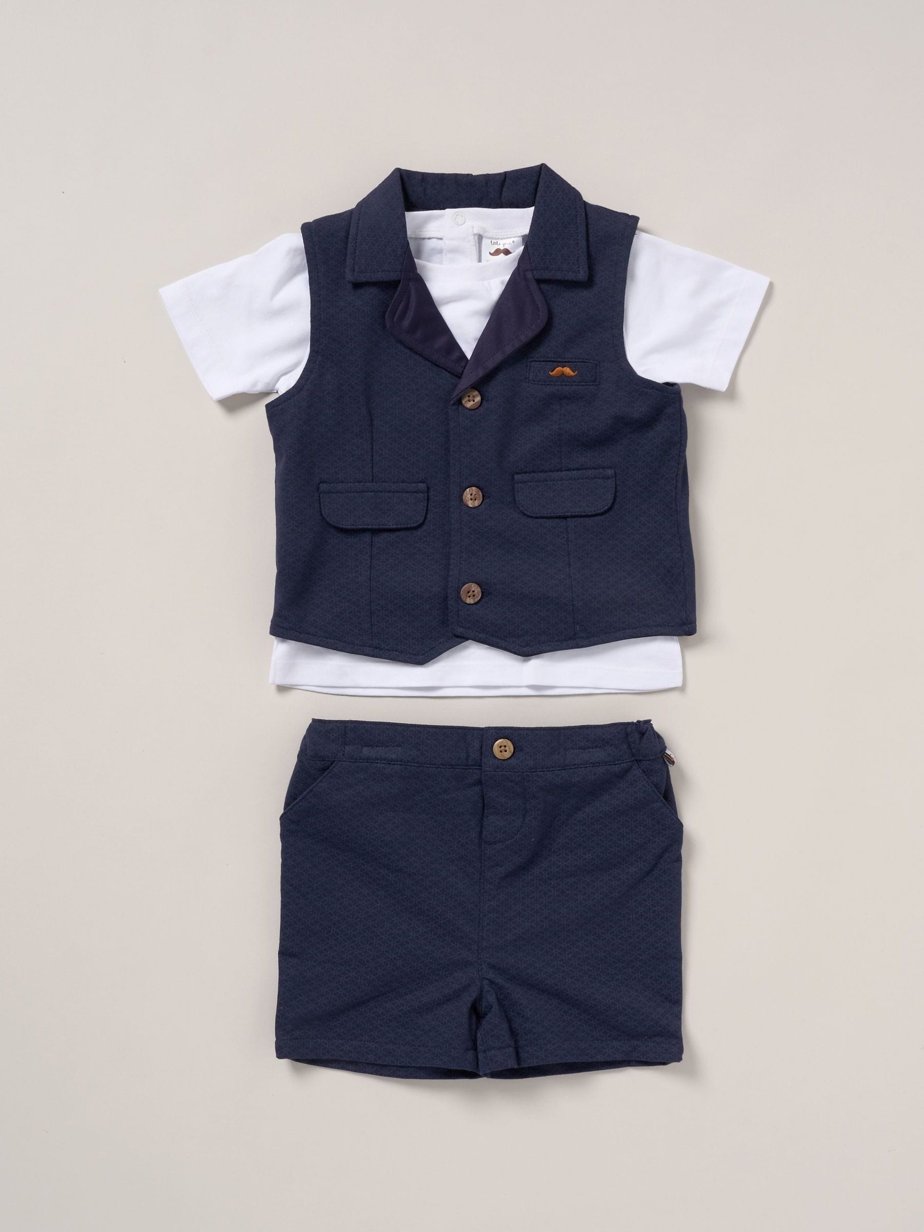 Little Gent Blue 100% Cotton T-Shirt Shorts and Waistcoat Outfit Set