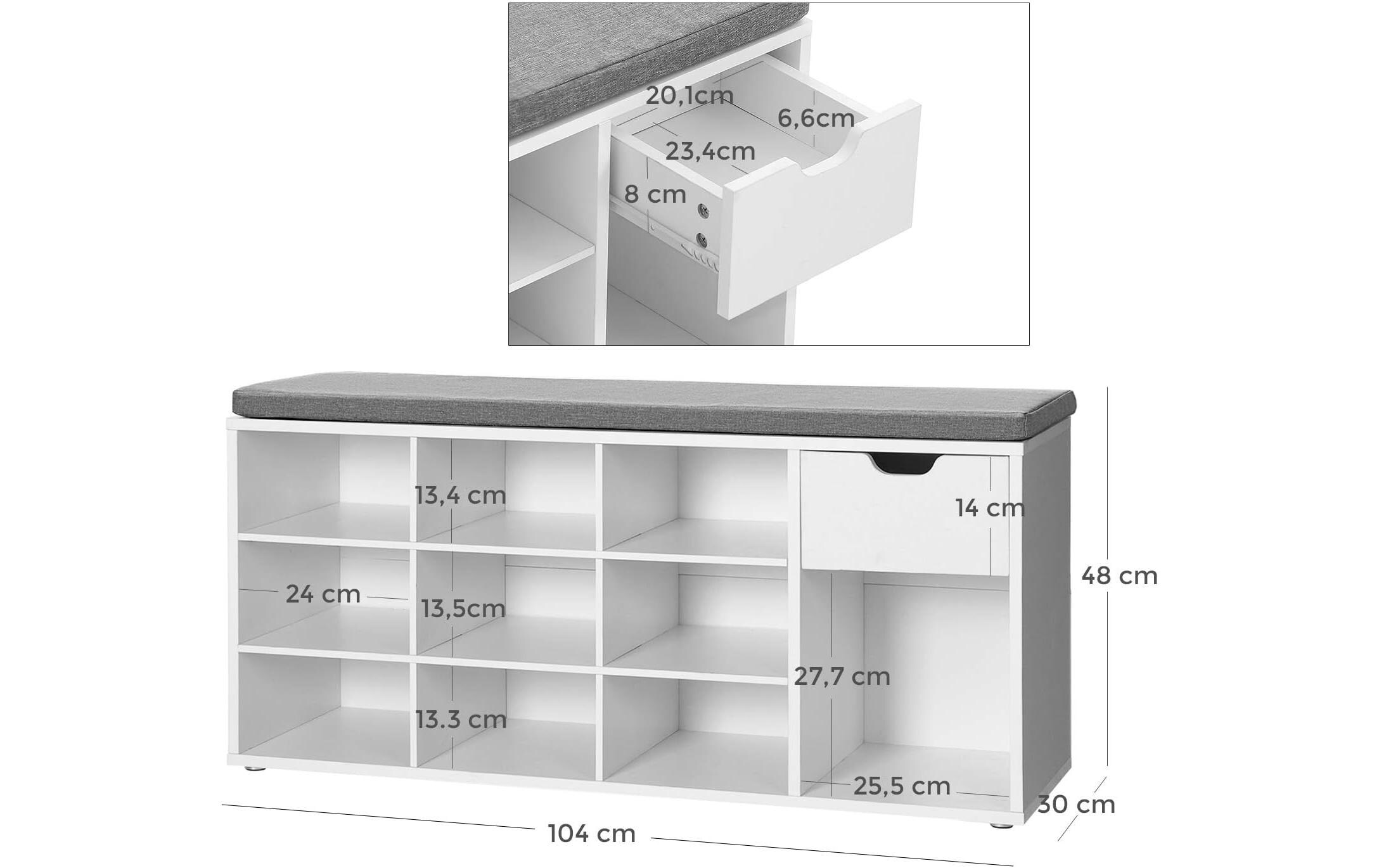 Schuhschrank mit Polster, 104 x 30.5 x 48 cm, Weiss<br>Schuhbank mit 11 Fächer