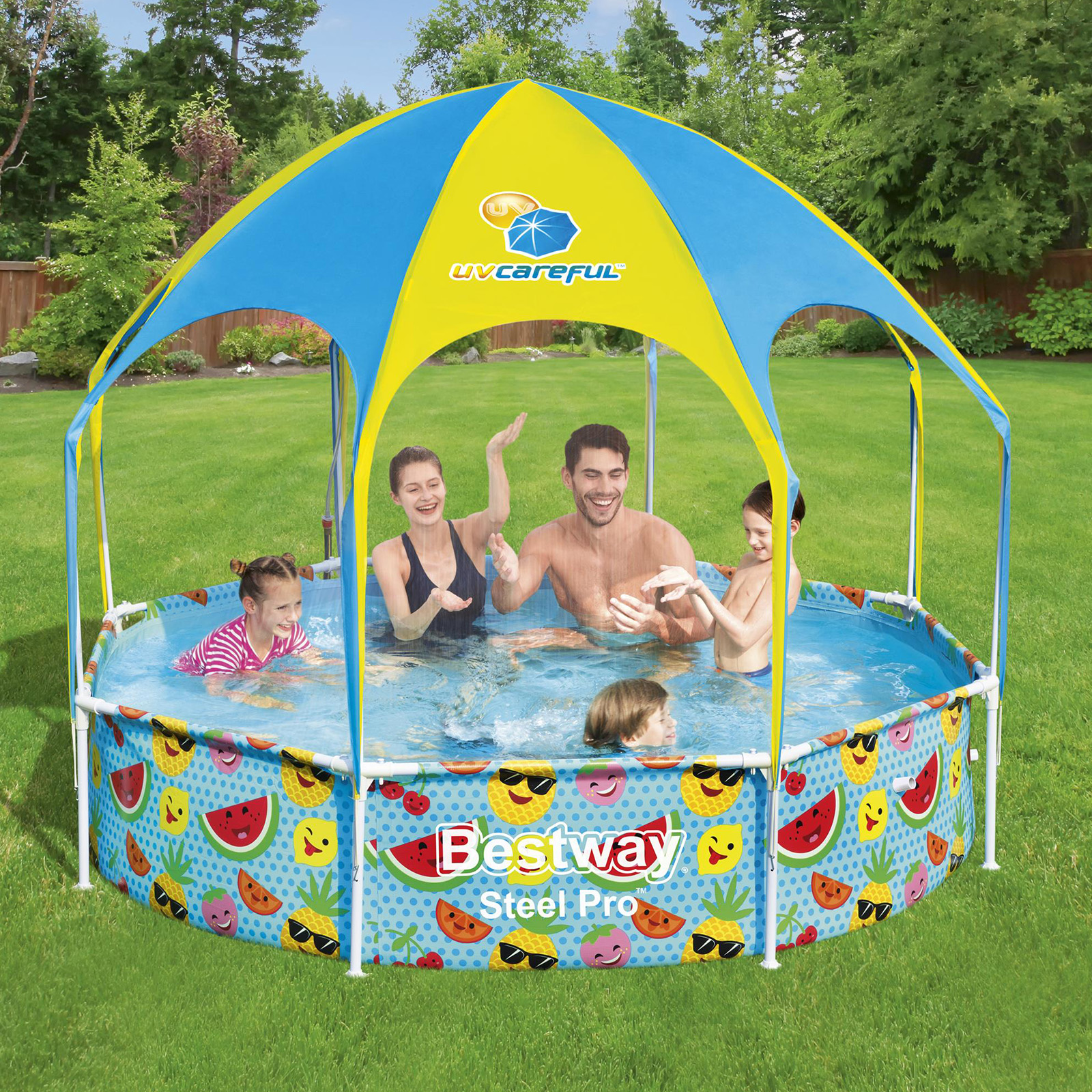 Piscina infantil Bestway de 244x51cm com cobertura para proteção solar.