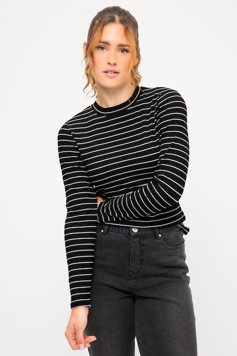 Rippshirt, Slim Fit, Ringel, Stehkragen, Langarm