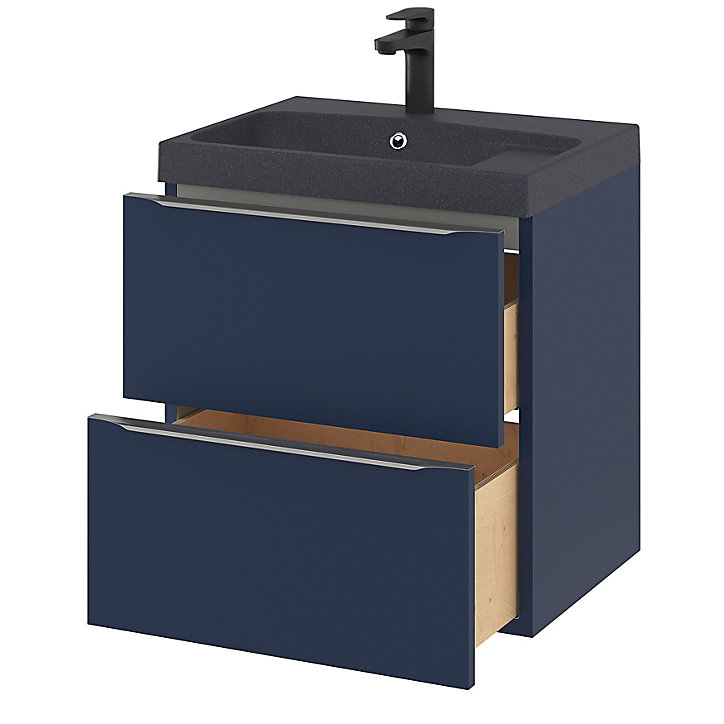 Ensemble salle de bains l.60 cm meuble à suspendre Imandra bleu nuit mat + plan vasque résine noir