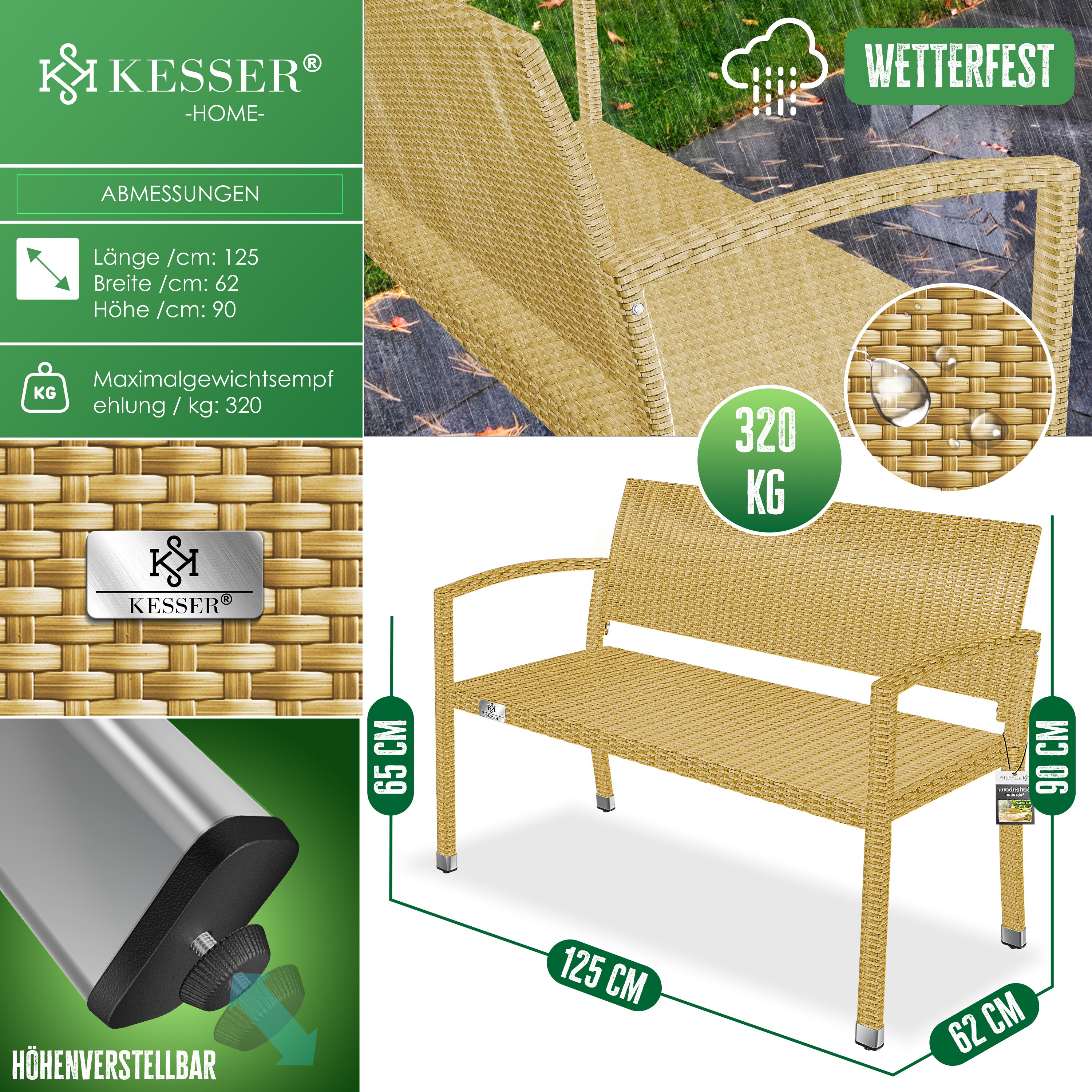 KESSER® Gartenbank Polyrattan 2-Sitzer Wetterfest | Rattan-Sitzbank UV-Beständig & bis 320kg belastbar | Balkon-Bank 125x62x90cm | Garten-Möbel mit ergonomischen Armlehnen | Für 2 Personen