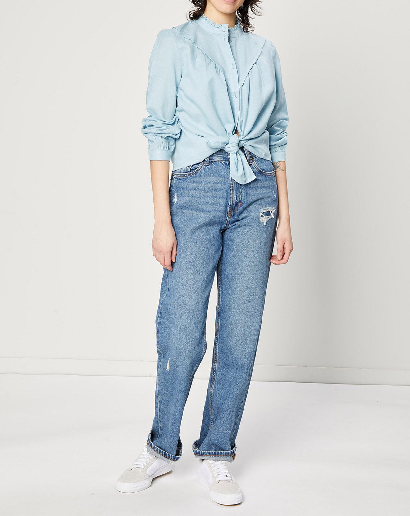 Esprit Chemise en Lin & Coton à Col Volant bleu clair
