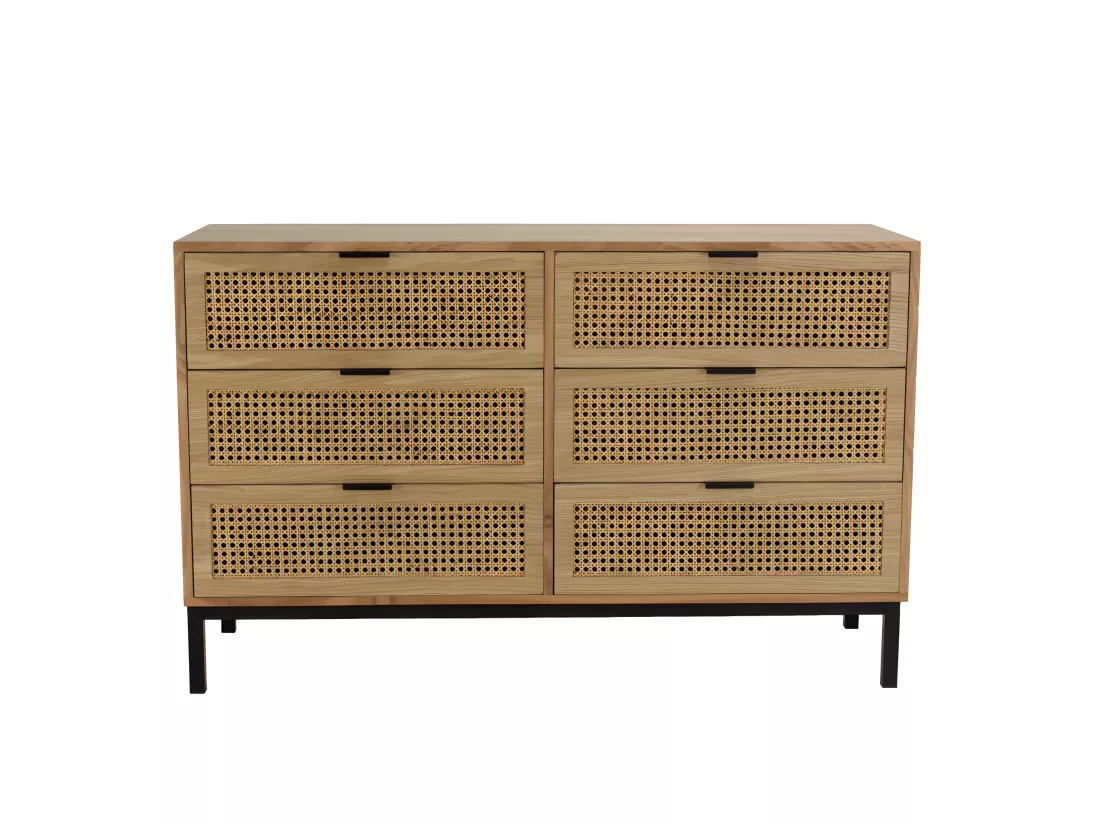 MARCEAU - Commode 6 tiroirs cannage naturel pieds métal noir