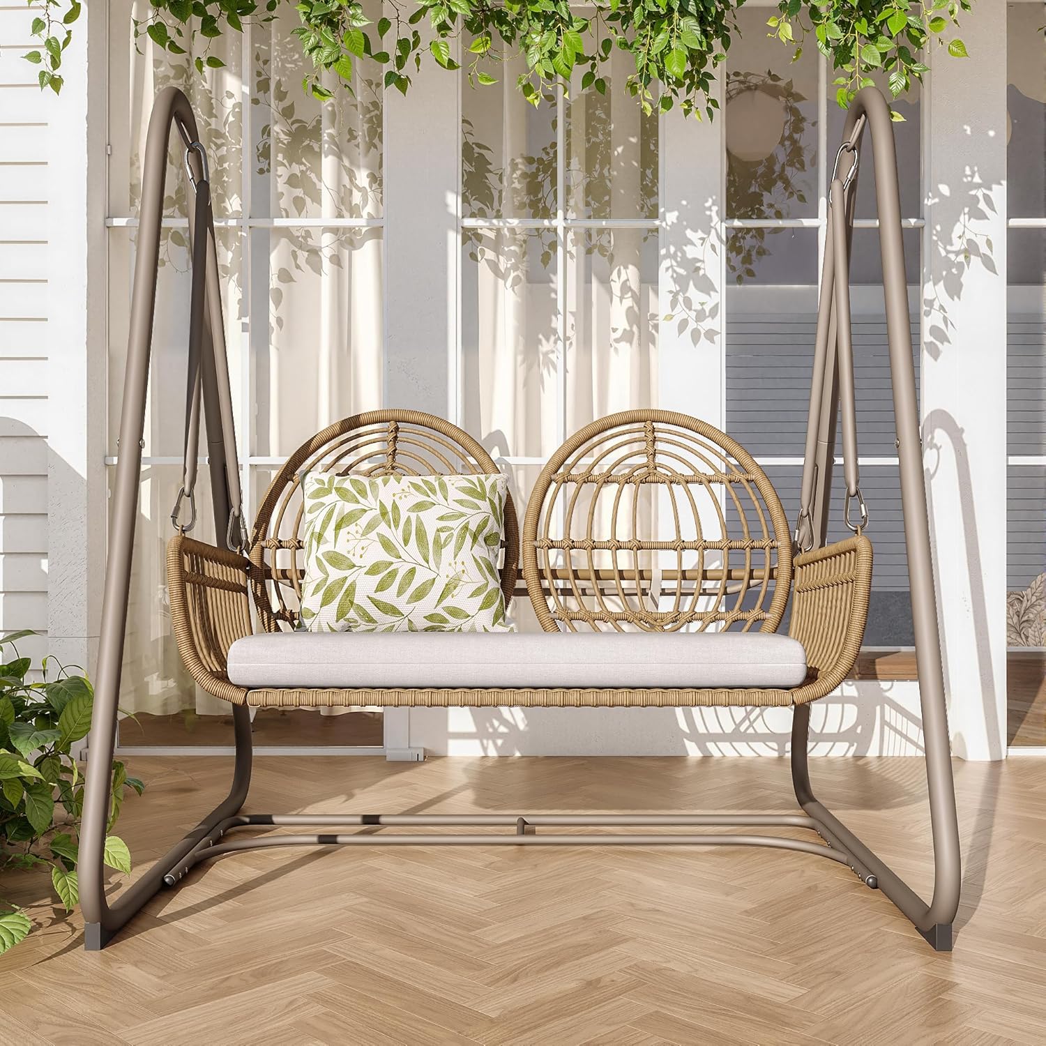 Gartenschaukel, Hollywoodschaukel mit Rückenlehne, Gartenmöbel-Set für den Außenbereich,Doppelschaukel aus PE-Rattan, 2 Sitze, Brauner Sitzrahmen und beiges Kissen