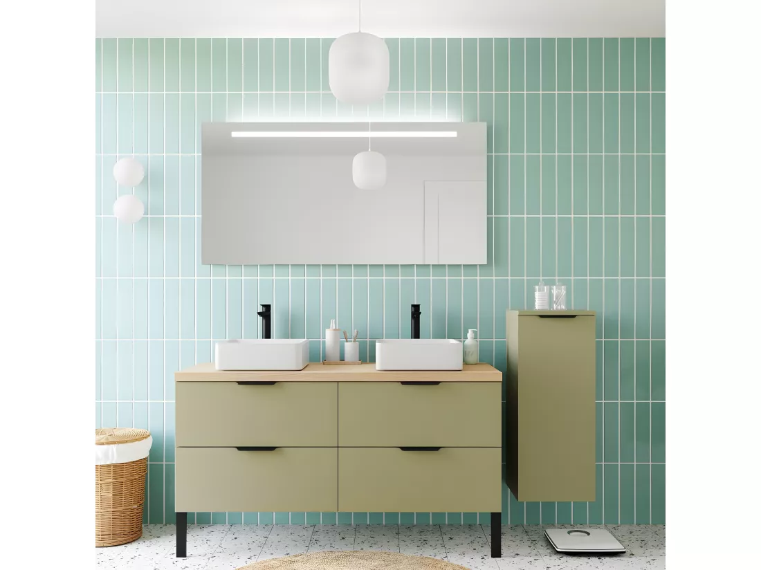 Meuble de salle de bain suspendu 2 vasques à poser 140cm 4 tiroirs Vert olive - Soho